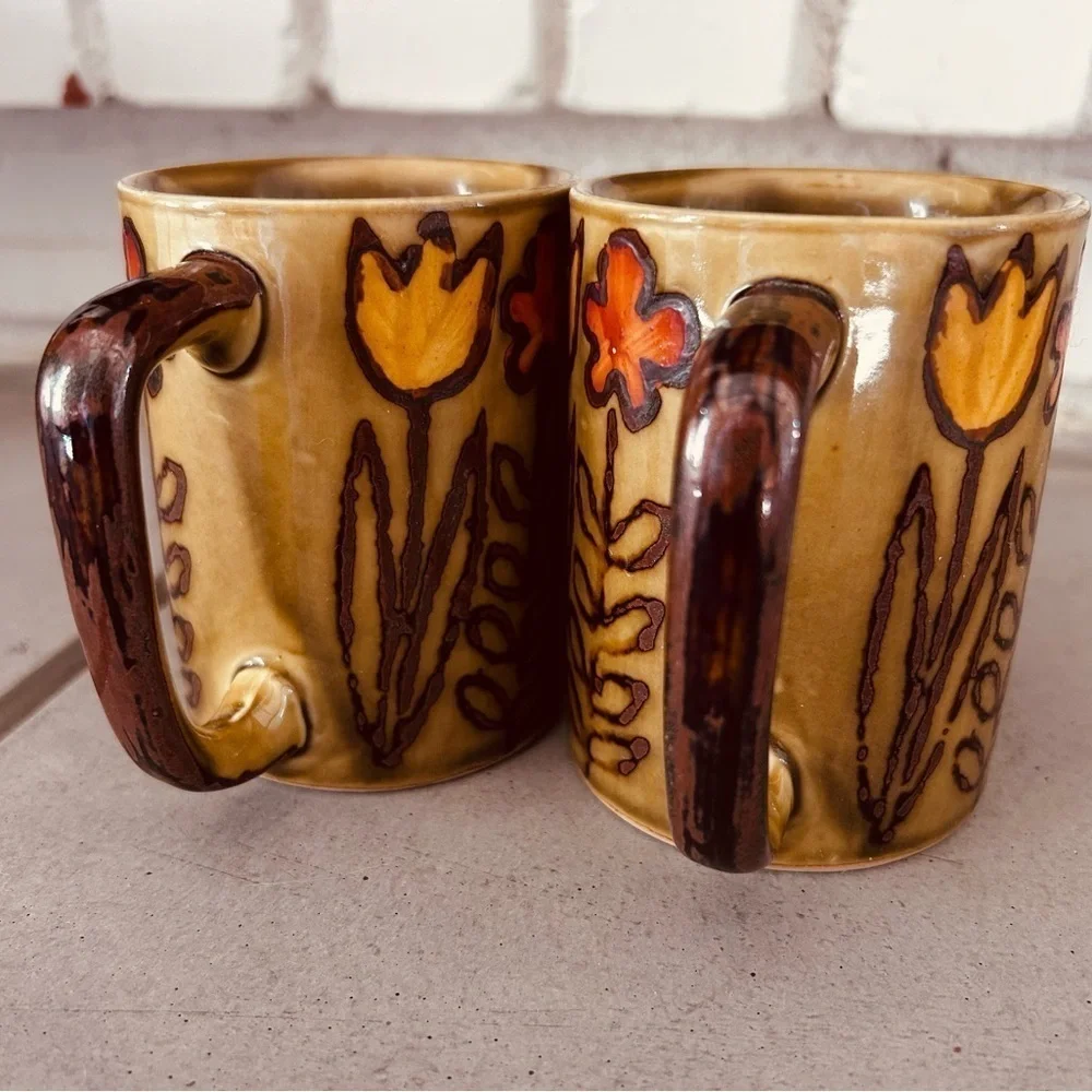 Mid Century Tulips and Daisies Flower Mugs | Set of 2 |Coffee Cups Otagari Style
